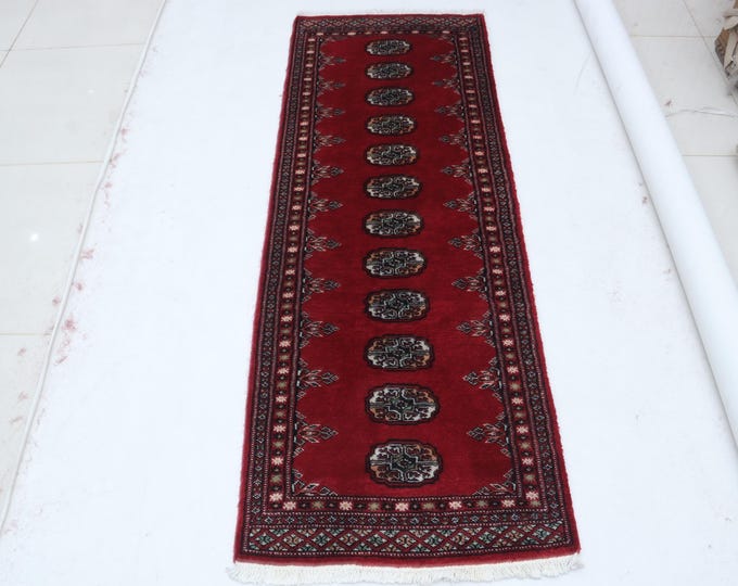 2.2 X 6.1 ft Red Geomatrical Handmade, Mori Bokhara Cotton and Wool