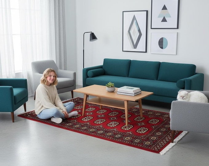 3.0 X 5.0 ft Red Geomatrical Handmade Runner, Mori Bokhara Cotton and Wool