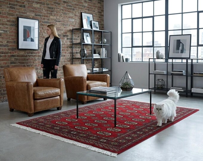 4.0 X 6.2 ft Red Geomatrical Handmade Runner, Mori Bokhara Cotton and Wool