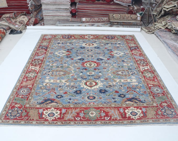 8.1 X 9.8 ft Red and Blue Floral Handmade ,Heriz Cotton and Wool