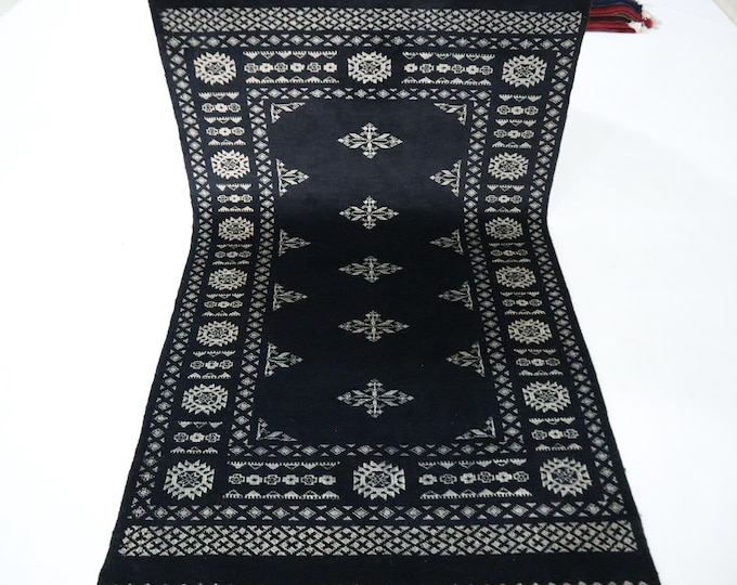 Hand Knotted Wool Mori Bokhara Rug, 3x5 Ft, Black Geometric Rug
