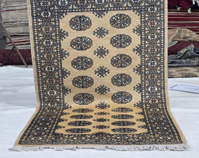 3 X 5 ft Beige Geometrical Handmade, Mori Bokhara Cotton and Wool