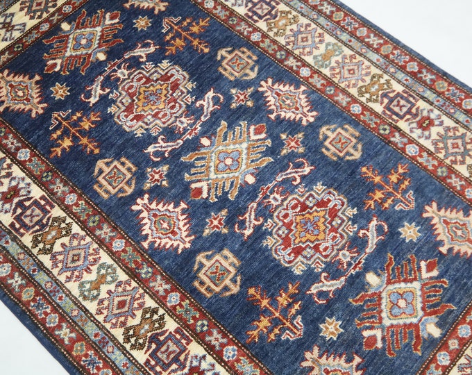 Handmade Wool Kazak Rug 3x5 – Traditional Geometric Blue Oriental Rug