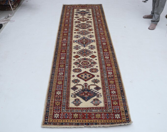 2.8 X 8.4 ft Beige and Red Geomatrical Handmade Runner, Super Kazak Cotton and Wool