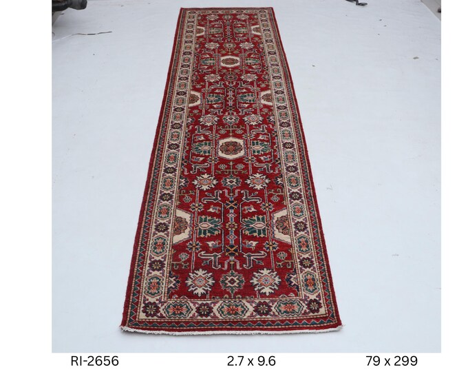 Hand-Knotted Wool Rug, Kazak Design, Red and Beige, (2.7 x 9.6 ft)