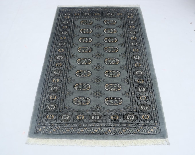 3.2 X 4.11 ft Gray Geomatrical Handmade , Mori Bokhara Cotton and Wool