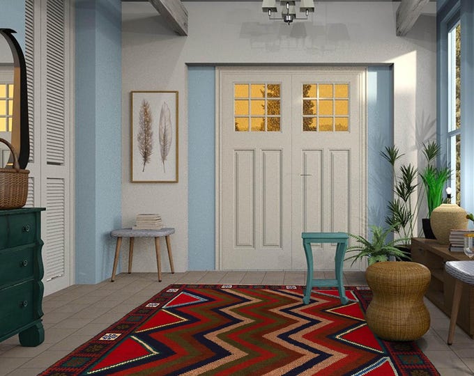 Hand-knotted Baluchi Rainbow and Red, 3.93 x 6.56 ft