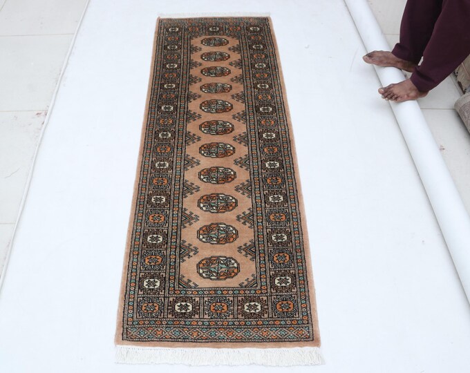 2.1 X 5.11 ft Copper Geomatrical Runner Handmade, Mori Bokhara Cotton and Wool