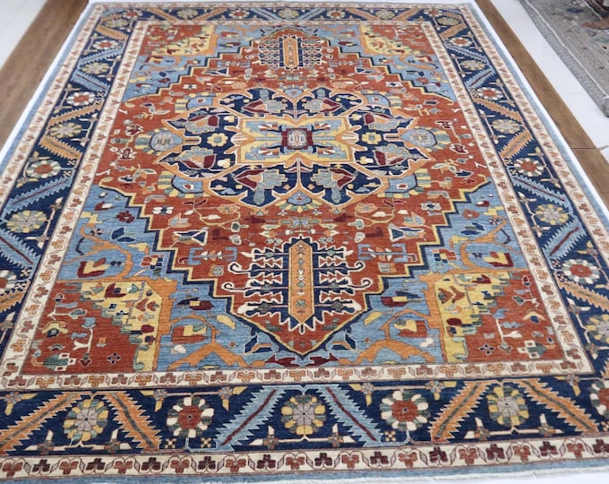 Handmade Heriz Wool Rug – 10x14 Rust Blue Afghan Geometric Carpet