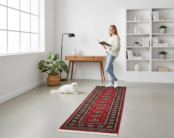 2.0 X 6.0 ft Red Geomatrical Runner Handmade, Mori Bokhara Cotton and Wool