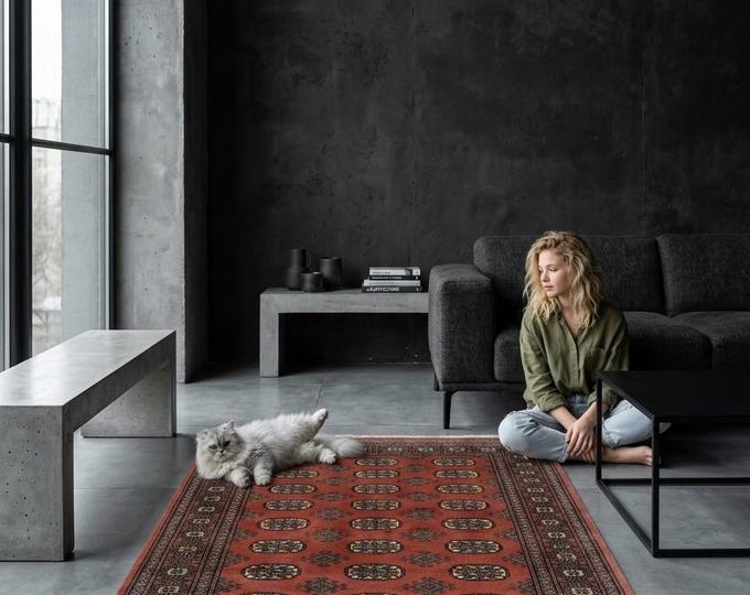 4.1 X 6.2 ft Copper Geomatrical Handmade Runner, Mori Bokhara Cotton and Wool