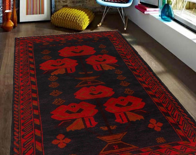 Hand-knotted Baluchi in Blue and Orange 3.93 x 6.56 ft