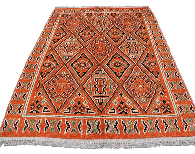 5.5 X 7.9 ft Orange Geomatrical Handmade ,Morocan Cotton and Wool