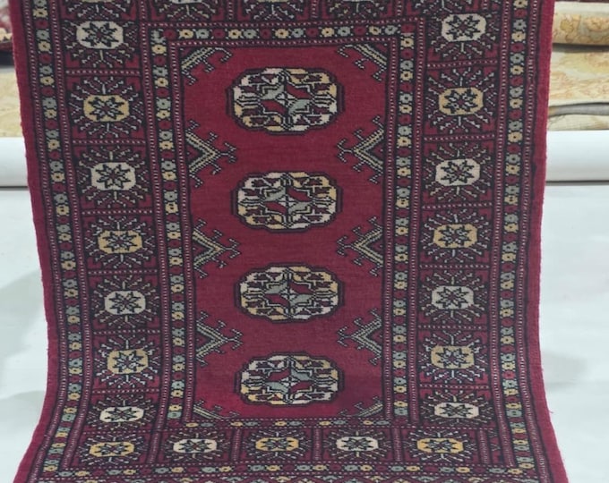 2 X 3 ft Red Geometrical Handmade, Mori Bokhara Cotton and Wool