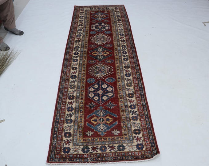 2.9 X 8.6 ft Beige and Red Geomatrical Handmade Runner, Super Kazak Cotton and Wool