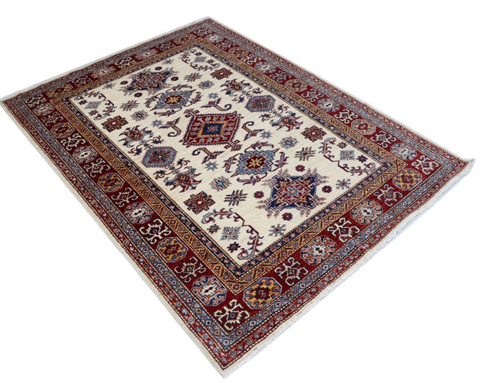 4.11 X 6.6 ft Beige and Red Geomatrical Handmade, Super Kazak Cotton and Wool