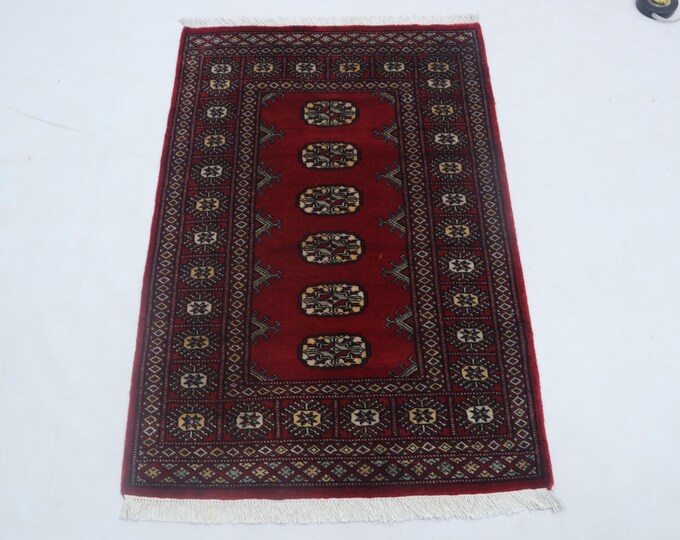 2.8 X 3.11 ft Red Geomatrical Handmade Runner, Mori Bokhara Cotton and Wool