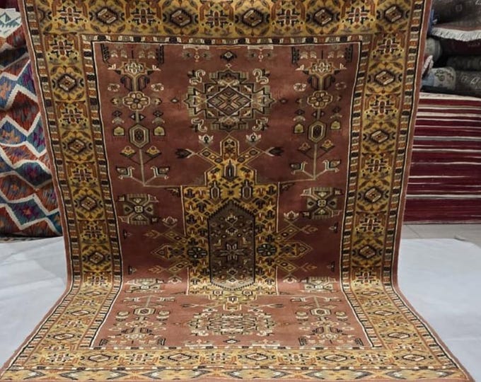 4 X 6 ft Copper and Yellow Geometrical Handmade, Tribal Rug Cotton, Wool and Silk touch