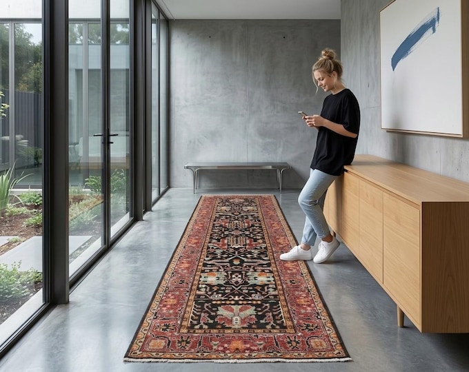 2.8 X 9.9 ft Black and Copper Floral Handmade Runner ,Heriz Cotton and Wool