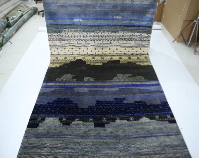 7x10 Abstract Wool Rug – Hand-Knotted Afghan Rug, Blue Gray