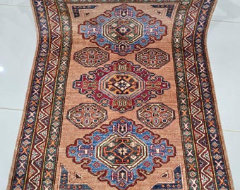2.5 X 4 ft Handmade Geometrical Super Kazak Rug, Brown,  Cotton and Wool