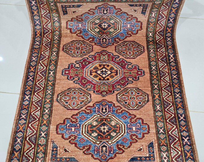 2.5 X 4 ft Handmade Geometrical Super Kazak Rug, Brown,  Cotton and Wool
