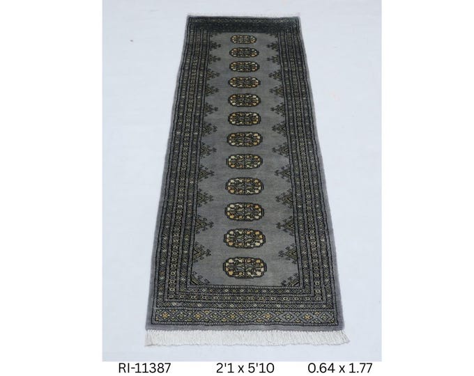 Hand-knotted Mori Bokhara Cotton and Wool Rug, Geomatrical in Gray base and Gray border, 2.1 x 5.10 ft