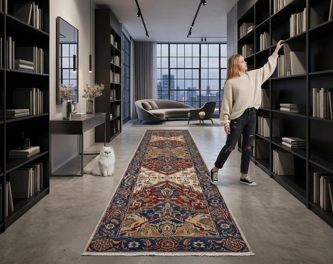 2.7 X 12.0 ft Beige and Blue Floral Handmade Runner ,Heriz Cotton and Wool