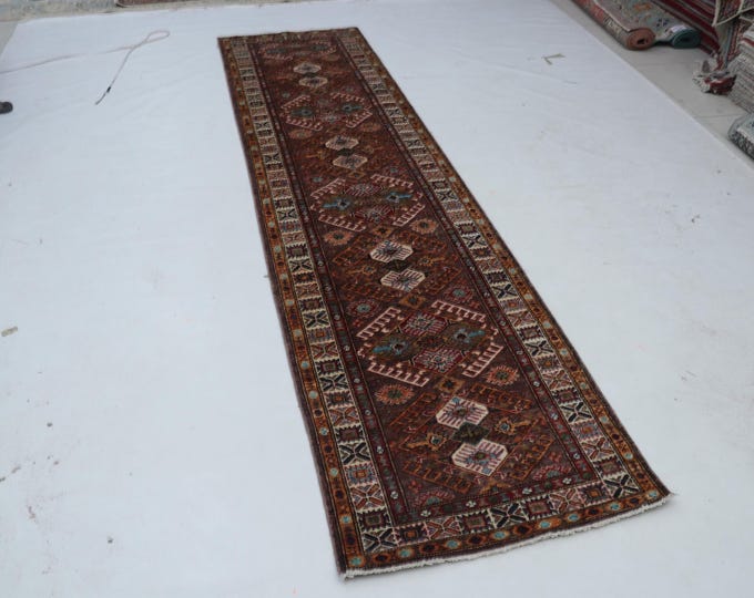 2 X 10 ft Brown and Beige Geomatrical Handmade Runner, Super Kazak Cotton and Wool