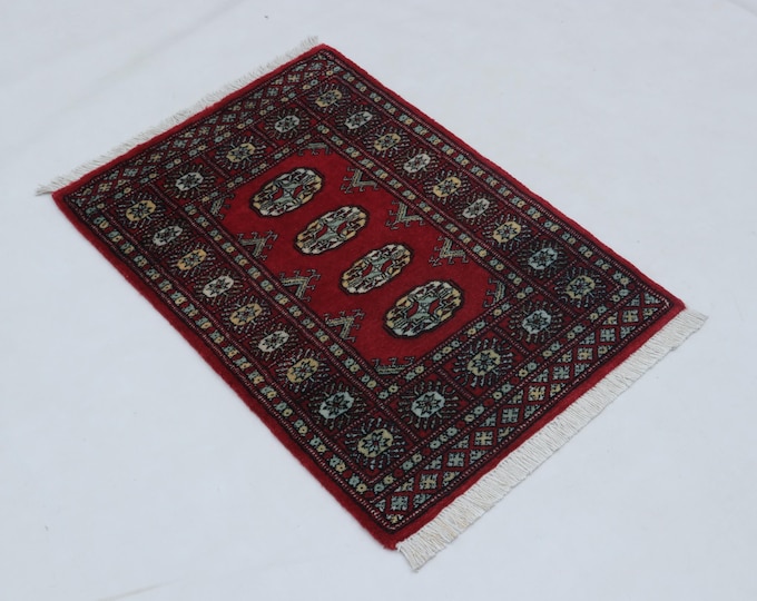 2.1 X 3.0 ft Red Geomatrical Handmade ,Mori Bokhara Cotton and Wool
