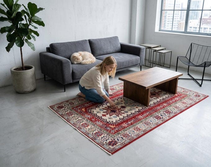 4 X 6 ft Beige Geomatrical Handmade, Super Kazak Cotton and Wool