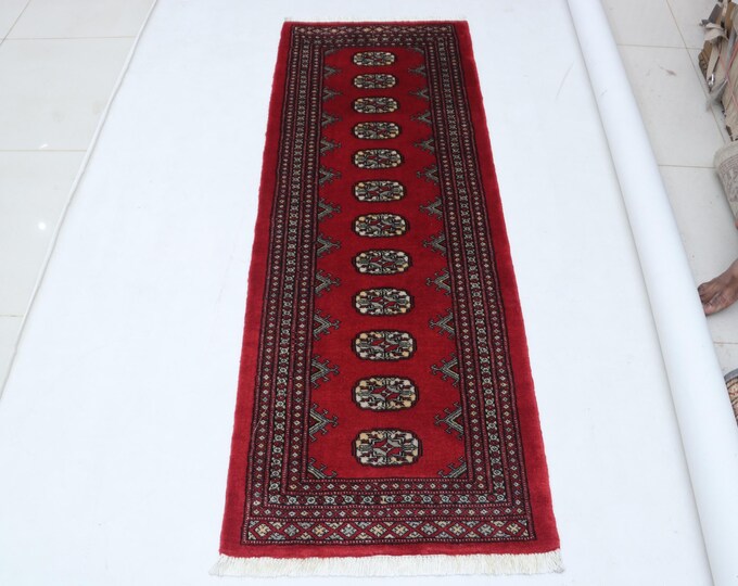 2.1 X 5.11 ft Red Geomatrical Runner Handmade, Mori Bokhara Cotton and Wool