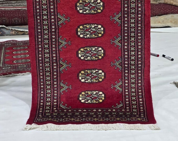 2 X 3 ft Red Geometrical Handmade, Mori Bokhara Cotton and Wool