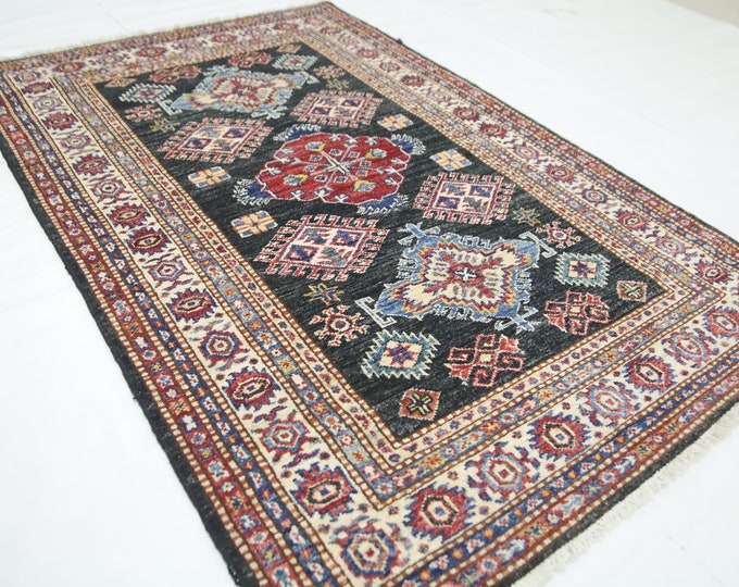 Handmade Afghan Wool Kazak Rug – Black Geometric Area Rug (3x5)