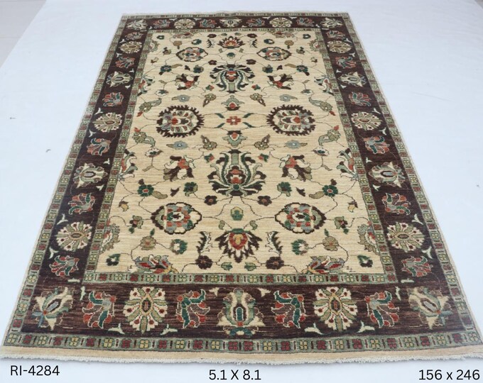 Hand-knotted Chobi Cotton and Wool Rug, Floral in Beige base and Brown border, 5.1 x 8.1 ft