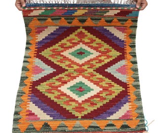 2 X 3 ft Handmade Geometrical Killim Rug, Muilty, Wool