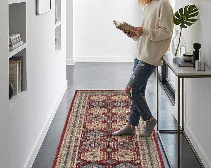 2.7 X 9.10 ft Red and Beige Floral Handmade Runner ,Heriz Cotton and Wool