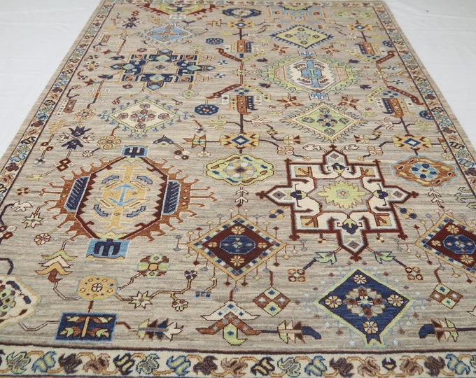 6x8 Taupe Gray Afghan Rug – Hand Knotted Wool Chobi Area Rug