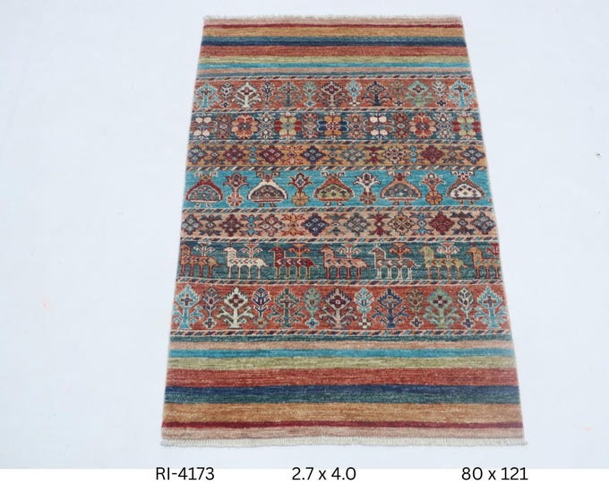 Hand-knotted Khurjeen Cotton and Wool Rug, Rainbow in Multi Colour base and Multi Colour border, 2.7 X 4.0 ft