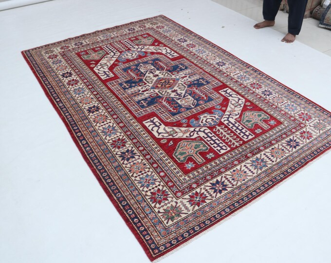 5 X 8 ft Red and Beige Geomatrical Handmade , Super Kazak Cotton and Wool
