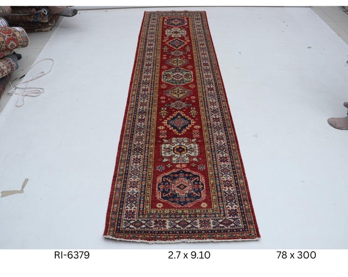Hand-knotted Wool Rug, Super Kazak, Red and Beige, (2.7 x 9.10 ft)