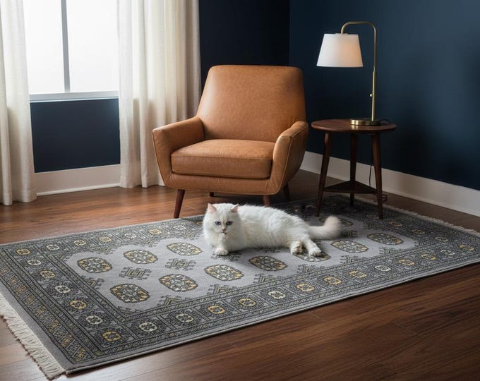 3.1 X 5.0 ft Gray Geomatrical Handmade Runner, Mori Bokhara Cotton and Wool