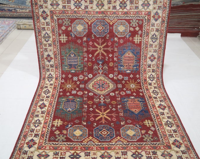 6x8 Red Chobi Rug - Handmade Afghan Wool Area Rug