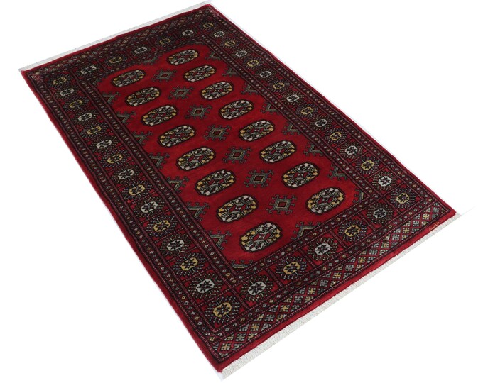 3.2 X 5.2 ft Red Geomatrical Handmade Runner, Mori Bokhara Cotton and Wool