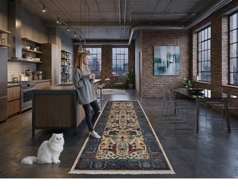 2.7 X 7.10 ft Beige and Blue Floral Handmade Runner ,Heriz Cotton and Wool