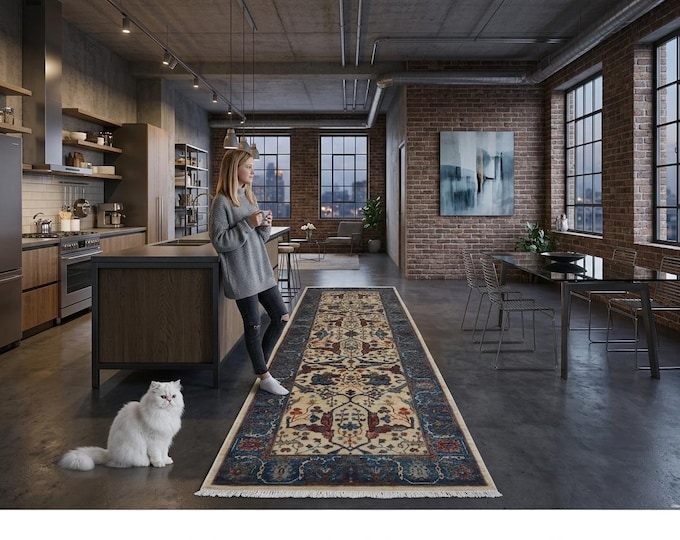 2.7 X 7.10 ft Beige and Blue Floral Handmade Runner ,Heriz Cotton and Wool