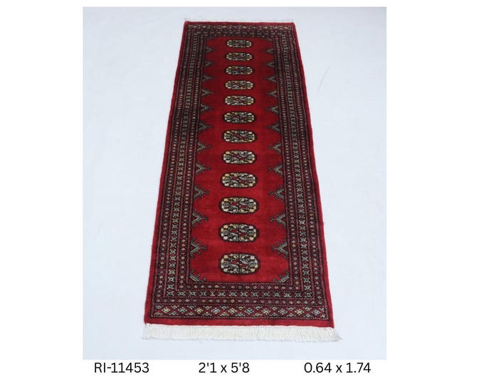Hand-knotted Mori Bokhara Cotton and Wool Rug, Geomatrical in Red base and Red border, 2.1 x 5.8 ft