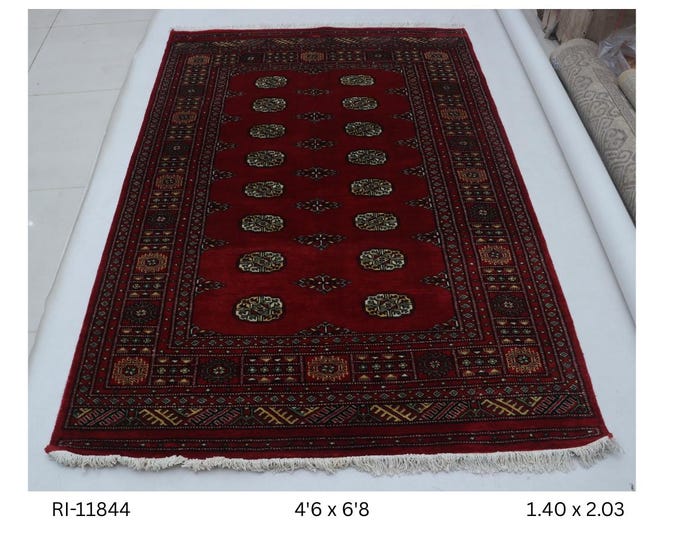 Hand-Knotted Mohri Bokhara Rug, Red Geometric Wool Touch Carpet (4.6 x 6.8 ft)
