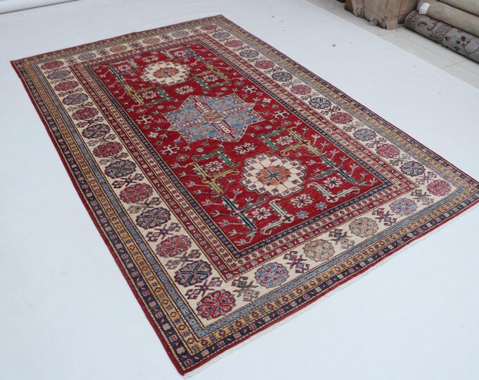 5 X 8 ft Red and Beige Geomatrical Handmade, Super Kazak Cotton and Wool