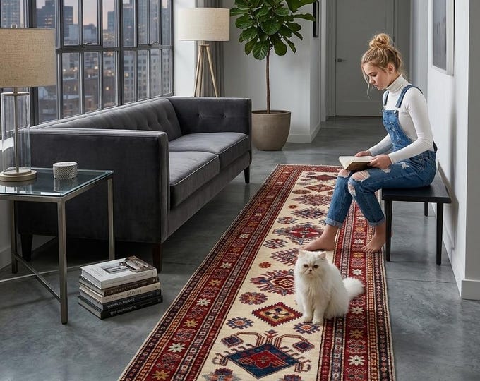 2 X 8 ft Beige and Red Geomatrical Handmade Runner, Super Kazak Cotton and Wool